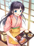  :d black_hair blue_eyes blush bow chopsticks food hair_bow hair_ribbon highres japanese_clothes kimono long_hair meat nakai_(waitress) open_mouth original ribbon rice smile solo takeda_mika tasuki tray waitress 