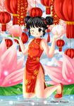  ;q black_eyes black_hair carrying china_dress chinese_clothes double_bun dress dumpling flower food in_water kneeling lampion looking_at_viewer lotus one_eye_closed original shoes solo tongue tongue_out villyane 
