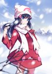  beanie blue_eyes blue_hair blurry coat depth_of_field hair_ornament hairclip hat highres hikari_(pokemon) long_hair pokemon pokemon_(game) pokemon_dppt pokemon_platinum red_coat scarf snowing solo transistor white_scarf wind winter winter_clothes winter_coat 