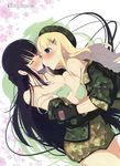  absurdres beret black_gloves black_hair blonde_hair blush bra breast_press breasts camouflage camouflage_hat cleavage closed_eyes dutch_angle gloves green_bra green_eyes hair_ornament hairclip hand_on_another's_chin hat highres ikaruga_(senran_kagura) imminent_kiss large_breasts long_hair multiple_girls official_art parted_lips scan senran_kagura strap_slip symmetrical_docking underwear very_long_hair yaegashi_nan yomi_(senran_kagura) yuri 