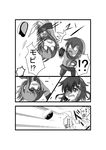  /\/\/\ 2girls chibi comic commentary fang female_admiral_(kantai_collection) folded_ponytail greyscale hair_ornament hairclip hairpin hat hat_removed headwear_removed ikazuchi_(kantai_collection) inazuma_(kantai_collection) kantai_collection lightning_bolt lightning_bolt_hair_ornament long_hair meitoro monochrome multiple_girls neckerchief o_o open_mouth peaked_cap school_uniform serafuku short_hair skirt somersault sweatdrop table tears translated upside-down 