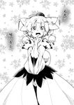  ahoge animal_ears bare_shoulders blush detached_sleeves dokkoi ear_wiggle greyscale hat inubashiri_momiji long_sleeves monochrome open_mouth pom_pom_(clothes) solo tail tokin_hat touhou translation_request wolf_ears wolf_tail 