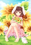  animal animal_ears artist_name barefoot brown_hair bunny bunny_ears carrot_necklace cloud day dress flower frilled_dress frills inaba_tewi jewelry pendant pink_dress puffy_short_sleeves puffy_sleeves red_eyes short_hair short_sleeves sitting sky smile sunflower touhou villyane 
