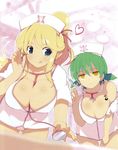  :q absurdres alternate_hairstyle between_breasts blonde_hair breast_squeeze breasts cleavage green_eyes green_hair hat heart highres hikage_(senran_kagura) huge_breasts katsuragi_(senran_kagura) large_breasts multiple_girls nurse nurse_cap official_art panties ponytail scan senran_kagura short_twintails stethoscope syringe tattoo tongue tongue_out twintails underwear white_panties yaegashi_nan yellow_eyes 