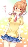  blush brown_hair glasses heart heart_background long_hair looking_at_viewer minami_mirei necktie open_mouth pleated_skirt ponytail pretty_(series) pripara red_eyes school_uniform semi-rimless_eyewear serafuku short_sleeves skirt under-rim_eyewear yadapot 