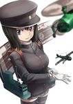  aircraft airplane akitsu_maru_(kantai_collection) autogyro backpack bag black_hair black_legwear black_skirt brown_eyes cowboy_shot delta_monster glove_pull gloves hat kantai_collection kayaba_ka-1 kokusai_ki-76 light_smile long_hair long_sleeves military military_uniform miniskirt peaked_cap pleated_skirt randoseru remodel_(kantai_collection) scroll simple_background skirt solo thighhighs uniform white_background white_gloves zettai_ryouiki 