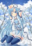  ;d asuna_(sao) asuna_(sao-alo) blue_eyes blue_hair blue_legwear detached_sleeves long_hair looking_at_viewer no_shoes one_eye_closed open_mouth pointy_ears reflection sitting sky smile solo sword_art_online thighhighs villyane zettai_ryouiki 