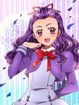  blush bow bowtie eyelashes hair_ornament hair_ribbon half_updo happy kagami_chihiro l'ecole_des_cinq_lumieres_school_uniform long_hair looking_at_viewer milk_(yes!_precure_5) mimino_kurumi open_mouth precure puffy_sleeves purple_eyes purple_hair ribbon school_uniform smile solo standing yes!_precure_5 yes!_precure_5_gogo! 