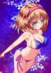  alice_margatroid ass bare_shoulders bikini blonde_hair blue_eyes branch breasts cleavage collarbone cowboy_shot downblouse flower from_above hairband large_breasts leaning looking_at_viewer looking_up midriff moura_(kenyuugetu) navel plant short_hair solo standing stomach swimsuit touhou 
