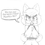  2018 angry anonymous_artist anthro big_eyebrows black_and_white black_shirt breasts cat chest_tuft clothing dialogue english_text feline female flashing flashing_breasts hair looking_at_viewer mammal midriff monochrome navel nipples penny_(anaugi) pulling_down_shirt shirt simple_background solo speech_bubble text tuft white_background 