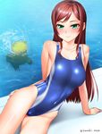  arm_support bad_id bad_pixiv_id bare_shoulders beargguy_iii blush breasts brown_hair cameltoe competition_swimsuit covered_navel green_eyes gundam gundam_build_fighters gundam_build_fighters_try highleg highleg_swimsuit kamiki_mirai kanzaki_muyu large_breasts long_hair lying on_side one-piece_swimsuit pool poolside shiny shiny_clothes smile solo swimsuit twitter_username water 