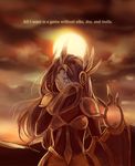  armor backlighting bikini_armor brown_hair closed_eyes cloud cowboy_shot crying english facing_viewer gauntlets headgear kamui_(kamuikaoru) league_of_legends leona_(league_of_legends) mountain outdoors shield standing sun sunlight tears wiping_tears 