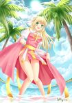  :d alternate_color archbishop beach blonde_hair cloud coconut_tree day fisheye green_eyes hair_ornament long_hair looking_at_viewer ocean open_mouth outdoors palm_tree ragnarok_online skirt skirt_lift sky smile solo standing tree villyane wading 
