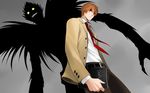  book brown_eyes death_note death_note_(object) evil_grin evil_smile formal glowing glowing_eyes grey_background grin holding holding_book kriss_sison male_focus multiple_boys necktie orange_hair ryuk sharp_teeth silhouette smile suit teeth yagami_light yellow_eyes 