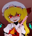  1girl blonde_hair blood castration evil_smile fangs flandre_scarlet hat hat_ribbon looking_at_viewer mob_cap open_mouth puffy_short_sleeves puffy_sleeves red_eyes ribbon short_sleeves side_ponytail smile solo space_jin testicles touhou 