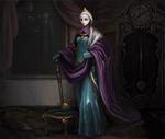  blonde_hair blue_eyes cape cloak clock dark_room elsa_(frozen) frozen_(disney) full_body gloves grandfather_clock hair_up kimbbq painting_(object) queen royal scepter solo standing tiara 