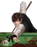  billiards blood blood_stain brown_eyes brown_hair cang_fade cue_ball cue_stick facial_hair henry_townshend highres male_focus pool_table silent_hill_4 solo stubble 