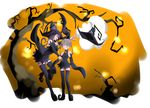  black_legwear blair blair_(cosplay) blonde_hair boots female green_eyes halloween hat high_heel_boots high_heels maka_albarn multiple_girls open_mouth purple_hair short_hair shoulders soul_eater thigh_boots thighhighs tree twintails witch witch_hat yellow_eyes 