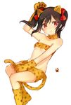  :t animal_ears animal_print bandeau bare_shoulders black_hair blush bow cat_ears cat_paws cat_tail flat_chest fur_collar gmanee hair_bow highres leopard_print looking_at_viewer love_live! love_live!_school_idol_project paws pout red_eyes short_hair solo tail twintails wavy_mouth white_background yazawa_nico 
