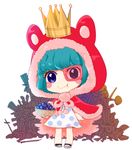  1girl animal_ears animal_hood aqua_eyes aqua_hair cape chibi crown donquixote_pirates dress dressrosa harusamikosu hood hooded_cape monocle one_piece polka_dot sugar_(one_piece) 