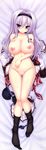  :o absurdres bed_sheet black_legwear blush bra bra_removed breasts dakimakura from_above full_body hair_intakes half-closed_eyes headband highres huge_filesize knees_together_feet_apart large_breasts lavender_eyes lavender_hair lying nipples on_back panties panties_around_one_leg parted_lips pussy_juice pussy_juice_stain school_uniform shirt_removed solo syroh thigh_gap thighhighs thighhighs_pull underwear yakimochi_stream yukikura_mutsuki 