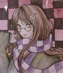  brown_eyes brown_hair checkered checkered_background checkered_scarf eyelashes fingers_to_mouth futatsuiwa_mamizou futatsuiwa_mamizou_(human) glasses hair_ornament hazuki_iku highres leaf_hair_ornament long_hair long_sleeves parted_lips pince-nez scarf smile solo touhou upper_body 