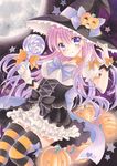  acrylic_paint_(medium) blue_eyes blush bow bow_legwear breasts candy dress food frilled_dress frills full_moon gloves halloween hand_on_headwear hat hat_bow hat_ribbon highres jack-o'-lantern large_breasts lollipop long_hair moon multicolored_hair neck_ribbon night original pink_hair pom77 ribbon smile solo star striped striped_legwear swirl_lollipop thighhighs traditional_media two-tone_hair witch_hat 