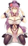  black_legwear blush breasts cleavage detached_collar double_v glasses hews_hack huge_breasts long_hair looking_at_viewer original ponytail purple_hair red-framed_eyewear semi-rimless_eyewear simple_background smile solo thighhighs v white_background wrist_cuffs yellow_eyes 
