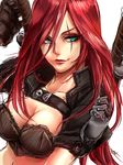  aqua_eyes breasts cleavage collarbone cropped_jacket hair_over_one_eye katarina_du_couteau knife league_of_legends lips long_hair looking_to_the_side medium_breasts midriff non_(nonzile) red_hair scar sketch smile solo weapon 