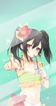  against_glass black_hair blush cup drink drinking_straw earrings flat_chest flower gmanee hair_flower hair_ornament highres jewelry looking_at_viewer love_live! love_live!_school_idol_project natsuiro_egao_de_1_2_jump! navel necklace pointing pointing_at_viewer red_eyes short_hair solo star star_earrings striped_bikini_top twintails upper_body yazawa_nico 