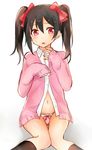  blush bow bow_panties cardigan gmanee hair_bow looking_at_viewer love_live! love_live!_school_idol_project navel no_pants panties pink_panties red_eyes short_hair solo sweatdrop twintails unbuttoned underwear white_background yazawa_nico 