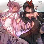  akemi_homura akuma_homura argyle argyle_legwear bare_shoulders black_gloves black_hair bow dress elbow_gloves gloves hair_bow heart highres kaname_madoka long_hair magical_girl mahou_shoujo_madoka_magica mahou_shoujo_madoka_magica_movie multiple_girls myero purple_eyes smile spoilers thighhighs two_side_up ultimate_madoka yuri 