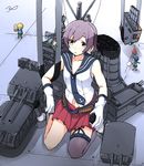  ahoge anchor_symbol asymmetrical_legwear bad_id bad_pixiv_id bare_shoulders brown_eyes fairy_(kantai_collection) gloves helmet kantai_collection machinery maintenance_musume_(kantai_collection) midriff minigirl natsume_(na_tsumen) neckerchief pleated_skirt purple_hair red_skirt sailor_collar sakawa_(kantai_collection) school_uniform serafuku shirt short_hair single_thighhigh sitting skirt sleeveless sleeveless_shirt thighhighs wariza white_gloves 