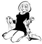  ann_possible bangs bare_legs blush breasts closed_mouth collarbone full_body greyscale jacket kim_possible long_sleeves looking_at_viewer medium_breasts monochrome no_pants no_socks open_clothes open_jacket ramb_chop shoes short_hair simple_background sitting smile solo sweater swept_bangs undressing w_arms wariza white_background 