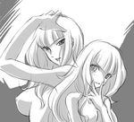  breasts dual_persona greyscale gundam gundam_build_fighters gundam_build_fighters_try hand_on_own_head kita_kazuki lady_kawaguchi large_breasts lips long_hair monochrome multiple_girls nipples parted_lips pose sketch smile time_paradox v younger 