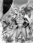  2girls cape cerebella_(skullgirls) cosplay crossover cutout dc_comics eyeshadow facial_tattoo green_eyes halloween lipstick long_hair makeup monochrome multiple_girls power_girl power_girl_(cosplay) skullgirls smoke spiked_hair starfire tattoo teen_titans todd_l._milhouse 