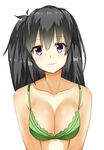  black_hair blush bra breasts cleavage green_bra highres isshiki_(ffmania7) light_smile long_hair looking_at_viewer medium_breasts purple_eyes shiny shiny_skin side_ponytail simple_background smile solo underwear 