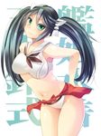  adapted_costume aqua_eyes black_hair blush breasts cowboy_shot hairband hand_on_hip isuzu_(kantai_collection) kantai_collection large_breasts long_hair looking_at_viewer maki_(seventh_heaven_maxion) navel remodel_(kantai_collection) sailor_collar sarong smile solo swimsuit twintails 