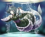  :d aqua_eyes breasts grey_hair head_fins holding large_breasts looking_at_viewer mermaid monster_girl open_mouth short_hair smile socha solo spell_card touhou underwater wakasagihime 