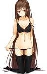  black_bra black_legwear bra breasts brown_hair cleavage highres isshiki_(ffmania7) kneeling long_hair looking_at_viewer medium_breasts navel off_shoulder panties panty_pull red_eyes simple_background solo strap_slip thighhighs underwear underwear_only very_long_hair 