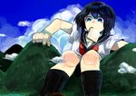  bad_id bad_pixiv_id bangs black_hair black_legwear blouse blue_eyes bread cloud damenaito day food food_in_mouth giantess highres late_for_school mountain mouth_hold original outdoors sailor_collar scenery school_uniform serafuku short_hair short_sleeves sitting sky socks solo toast toast_in_mouth white_blouse 