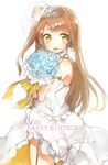  blush bouquet brown_hair detached_collar downscaled dress flower gmanee happy_birthday highres long_hair looking_at_viewer love_live! love_live!_school_idol_project md5_mismatch minami_kotori resized sketch solo tears tiara very_long_hair wedding_dress yellow_eyes 