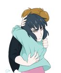  2girls black_hair brown_hair cowboy_shot expressionless eyebrows eyes_closed from_behind graystripe64 hair_bun hand_on_another's_head highres hug kill_la_kill kiryuuin_satsuki long_sleeves mankanshoku_sukuyo multiple_girls short_hair simple_background sweater white_background 