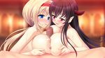  1boy 2girls areolae black_hair blonde_hair blue_eyes blush breast_press breast_squeeze breasts censored demon_girl game_cg highres horns huge_breasts isekai_lovers!:_kyonyuu_no_yuushatachi_wa_choroin legs long_hair lying multiple_girls multiple_paizuri nipples nude paizuri penis red_eyes smile sweat teamwork thighs threesome toma_(asagayatei) 