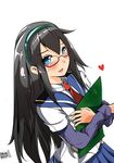  :d aqua_hairband black_hair blue_eyes blush clipboard glasses hairband headband highres kantai_collection long_hair long_sleeves necktie norman_maggot ooyodo_(kantai_collection) open_mouth parted_lips pleated_skirt red-framed_eyewear red_neckwear school_uniform semi-rimless_eyewear serafuku shirt simple_background skirt smile under-rim_eyewear very_long_hair white_background white_shirt 