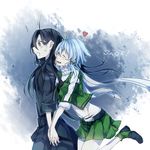  1girl adapted_costume black_eyes black_hair blue_hair casual closed_eyes karuma_(karuma_be) kirito kirito_(sao-ggo) long_hair otoko_no_ko short_hair sinon sword_art_online 