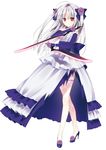  absolute_duo absurdres artist_request bow dress dual_wielding elbow_gloves flower gloves grey_hair hair_bow highres holding knife lace lace_legwear purple_eyes rose sword thighhighs torn_clothes torn_dress two_side_up weapon yurie_sigtuna 