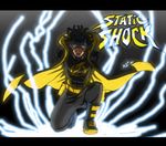  1boy belt black_hair black_pants boots copyright_name crouch dark_skin dc_comics domino_mask electricity goggles goggles_on_head hairlocs jacket letterboxed lightning lightning_bolt lining male male_focus mask pants simple_background solo squatting static_(dc) static_shock virgil_ovid_hawkins 