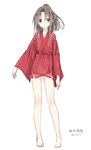 alternate_costume amagai_tarou bare_legs barefoot brown_eyes brown_hair full_body japanese_clothes kantai_collection long_hair looking_at_viewer simple_background solo standing twitter_username white_background zuihou_(kantai_collection) 