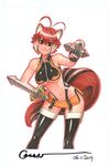  animal_ears antenna_hair bare_shoulders black_legwear blazblue breasts brown_eyes brown_hair clenched_hands cropped_legs dual_wielding fingerless_gloves gloves hand_on_hip highleg highleg_panties holding large_breasts leaning_forward makoto_nanaya marker_(medium) multicolored_hair navel omar_dogan panties revealing_clothes short_hair skirt smile solo squirrel_ears squirrel_tail tail thighhighs tonfa traditional_media two-tone_hair underboob underwear weapon white_hair 